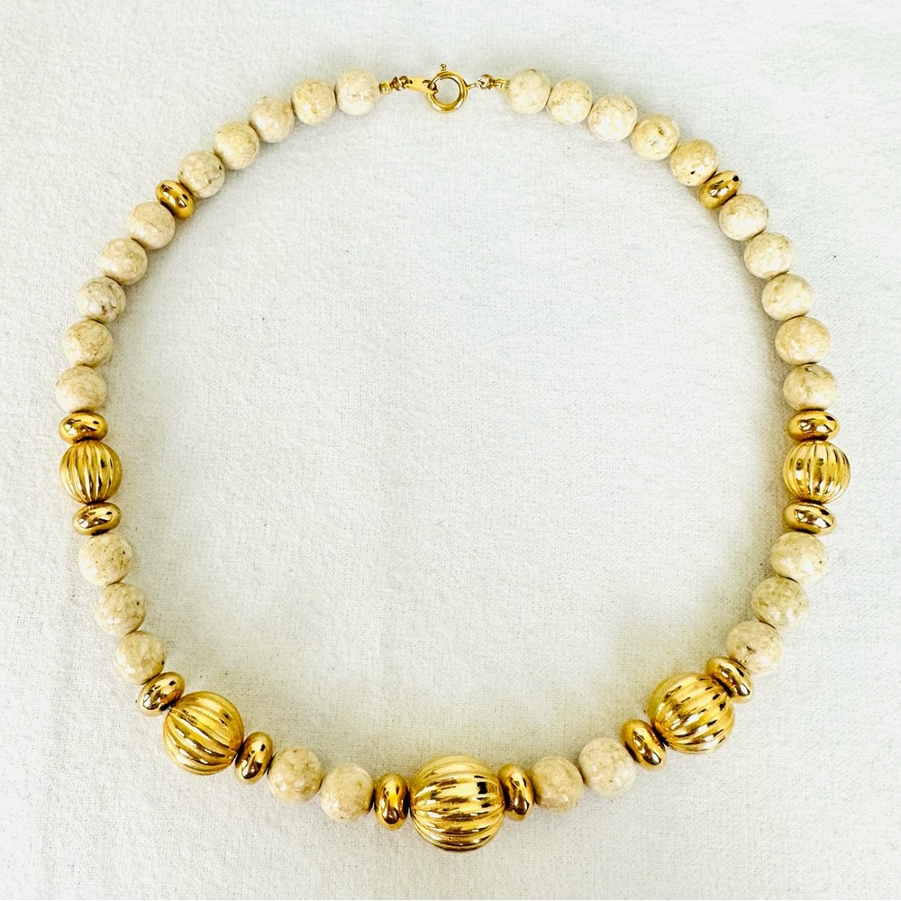 Gold Tone and Stone Classic Timeless Beaded Necklace Neutral Cream Beige